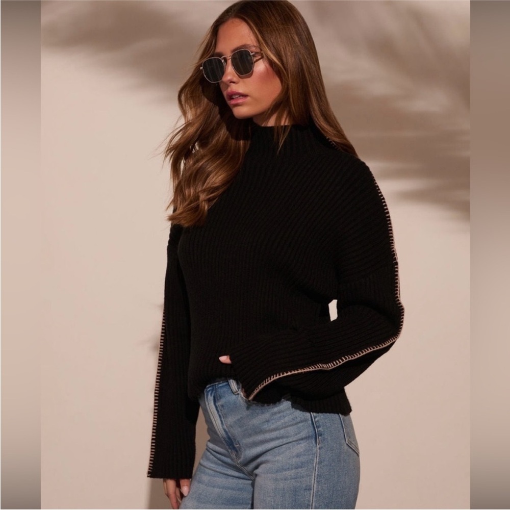 Vici Black Ribbed Turtleneck Sweater with Contrast Stitch - Picture 3 of 8